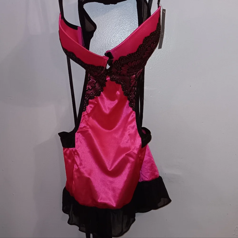 Passion Forever Pink Black Pushup Padded Lace Nightie Babydoll Lingerie